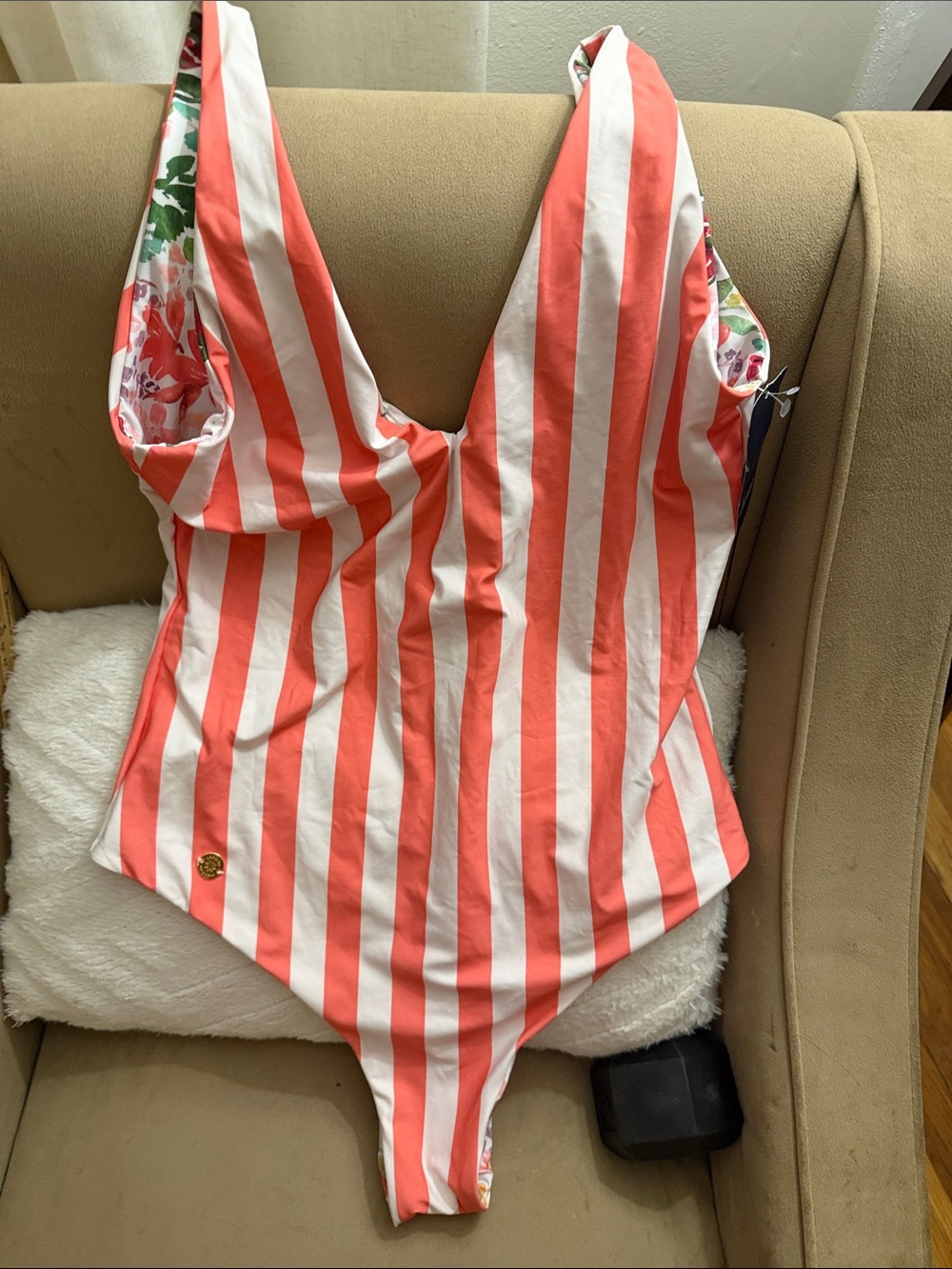 Coral and White Striped V-Neck One-Piece Swimsuit